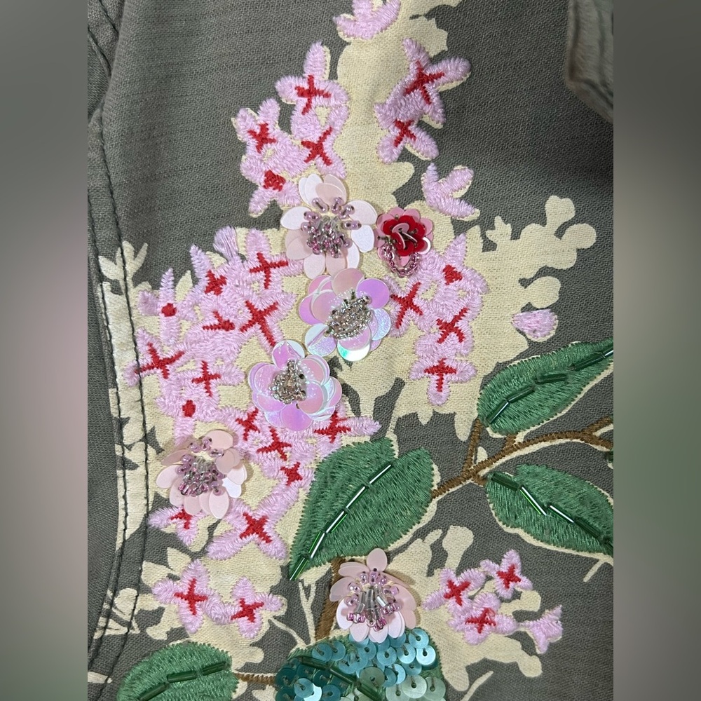 Anthropologie Embroidered Olive Utility Jacket - spring jacket lightweight S - L - Picture 3 of 9